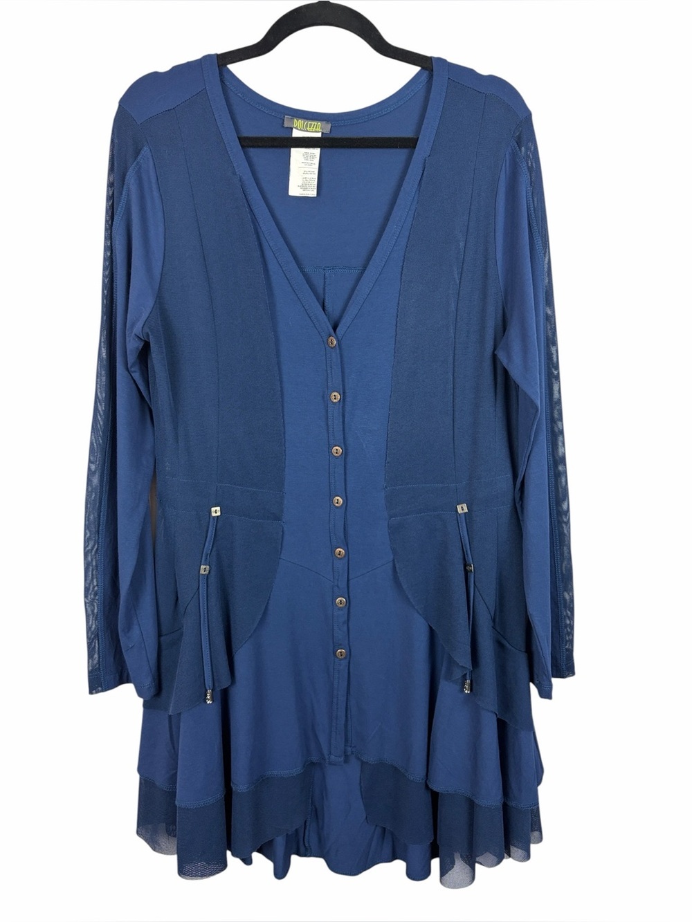 Dolcezza Blue Mesh Trim Button Front Tunic Dress Lagenlook Large